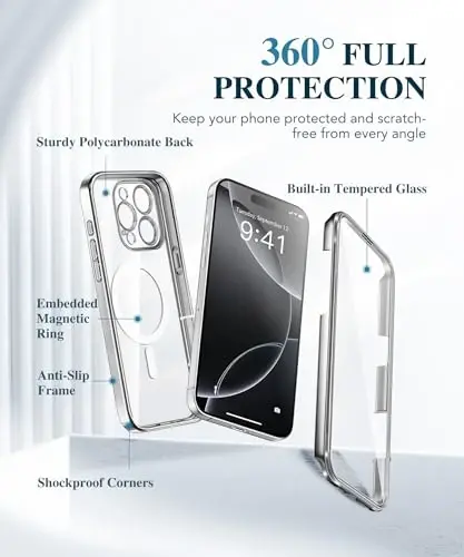 BERFY for iPhone 16 Pro Case, Compatible with MagSafe, Built-in 9H Tempered Screen Protector and Camera Protection, Full Body Shockproof Plating Phone Case for 16 Pro 6.3