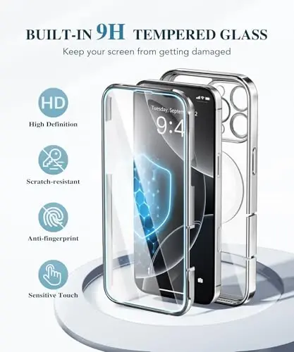BERFY for iPhone 16 Pro Case, Compatible with MagSafe, Built-in 9H Tempered Screen Protector and Camera Protection, Full Body Shockproof Plating Phone Case for 16 Pro 6.3