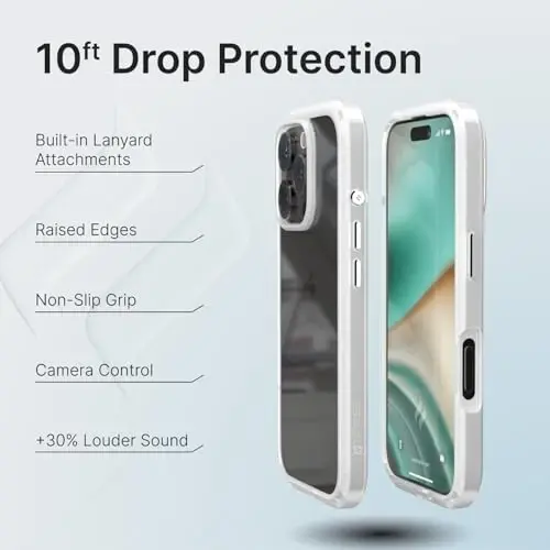 Catalyst Influence Case for iPhone 16 Pro, 2.5X Higher Drop Proof, Non-Slip Frosted Edges and Non Magsafe Crystal Clear Back, Raised Edges Protection, 30% Louder Forward Audio, Lanyard Included - 2