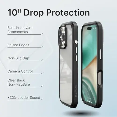 Catalyst Influence Case for iPhone 16 Pro, 2.5X Higher Drop Proof, Non-Slip Frosted Edges and Non Magsafe Crystal Clear Back, Raised Edges Protection, 30% Louder Forward Audio, Lanyard Included - 2
