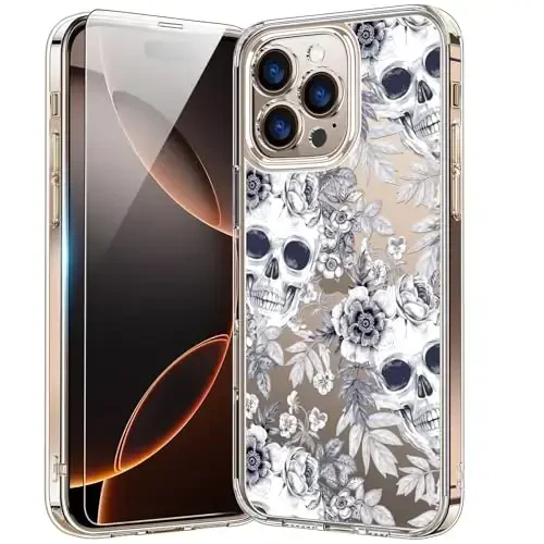 bicol for iPhone 16 Pro Case with Screen Protector, Enhanced Camera Protection, Crystal Acrylic Clear with Fashionable Designs for Girls Women, Slim Fit Protective Phone Cover, Elegant Skulls 