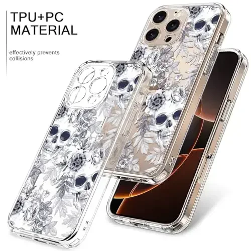 bicol for iPhone 16 Pro Case with Screen Protector, Enhanced Camera Protection, Crystal Acrylic Clear with Fashionable Designs for Girls Women, Slim Fit Protective Phone Cover, Elegant Skulls - 3