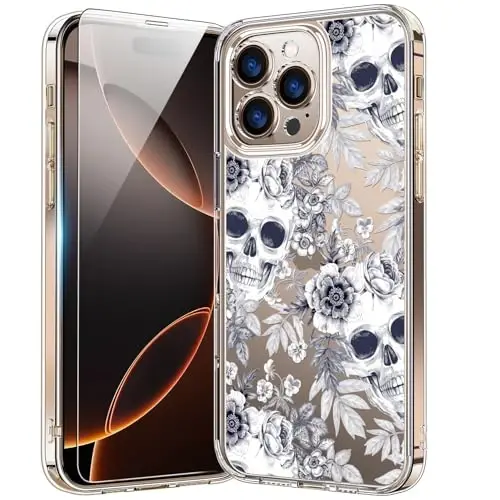 bicol for iPhone 16 Pro Case with Screen Protector, Enhanced Camera Protection, Crystal Acrylic Clear with Fashionable Designs for Girls Women, Slim Fit Protective Phone Cover, Elegant Skulls - 1