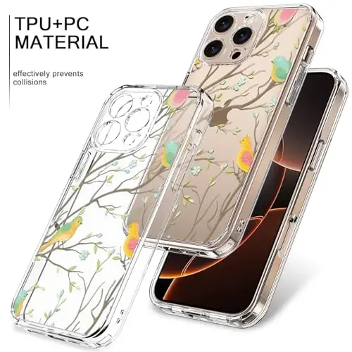 bicol for iPhone 16 Pro Case with Screen Protector, Enhanced Camera Protection, Crystal Acrylic Clear with Fashionable Pattern Designs for Girls Women, Slim Fit Protective Phone Cover, Coloed Birds - 3