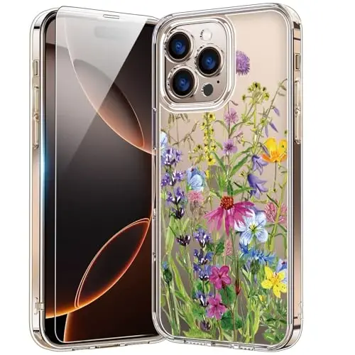 bicol for iPhone 16 Pro Case with Screen Protector, Enhanced Camera Protection, Crystal Acrylic Clear with Fashionable Designs for Girls Women, Slim Fit Protective Phone Cover, Blooming Flowers 