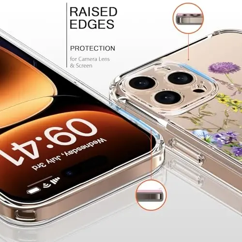 bicol for iPhone 16 Pro Case with Screen Protector, Enhanced Camera Protection, Crystal Acrylic Clear with Fashionable Designs for Girls Women, Slim Fit Protective Phone Cover, Blooming Flowers - BICOL (1)