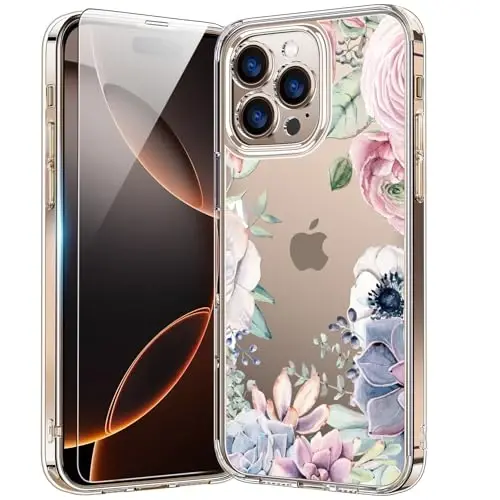bicol for iPhone 16 Pro Case with Screen Protector, Enhanced Camera Protection, Crystal Acrylic Clear with Fashionable Designs for Girls Women, Slim Fit Protective Phone Cover, Colorful Succulents - 1