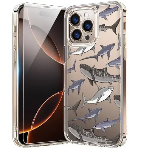 bicol for iPhone 16 Pro Case with Screen Protector, Enhanced Camera Protection, Crystal Acrylic Clear with Fashionable Designs for Girls Women, Slim Fit Protective Phone Cover, Beautiful Whales - 1