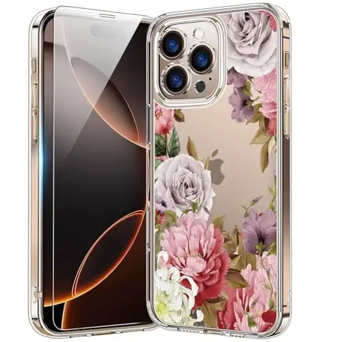 bicol for iPhone 16 Pro Case with Screen Protector, Enhanced Camera Protection, Crystal Acrylic Clear with Fashionable Pattern Designs for Girls Women, Slim Fit Protective Phone Cover, Flower Garden - BICOL