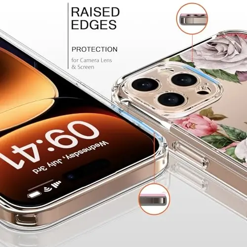 bicol for iPhone 16 Pro Case with Screen Protector, Enhanced Camera Protection, Crystal Acrylic Clear with Fashionable Pattern Designs for Girls Women, Slim Fit Protective Phone Cover, Flower Garden - BICOL (1)