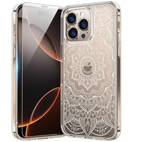 bicol for iPhone 16 Pro Case with Screen Protector, Enhanced Camera Protection, Crystal Acrylic Clear with Fashionable Pattern Designs for Girls Women, Slim Fit Protective Phone Cover, Henna - 1
