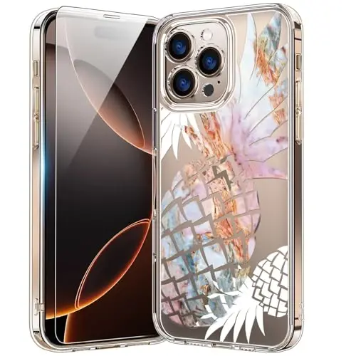 bicol for iPhone 16 Pro Case with Screen Protector, Enhanced Camera Protection, Crystal Acrylic Clear with Fashionable Designs for Girls Women, Slim Fit Protective Phone Cover, Nice Pineapple 
