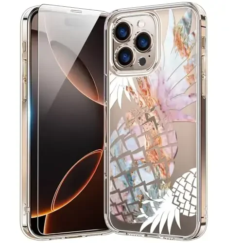 bicol for iPhone 16 Pro Case with Screen Protector, Enhanced Camera Protection, Crystal Acrylic Clear with Fashionable Designs for Girls Women, Slim Fit Protective Phone Cover, Nice Pineapple - 1