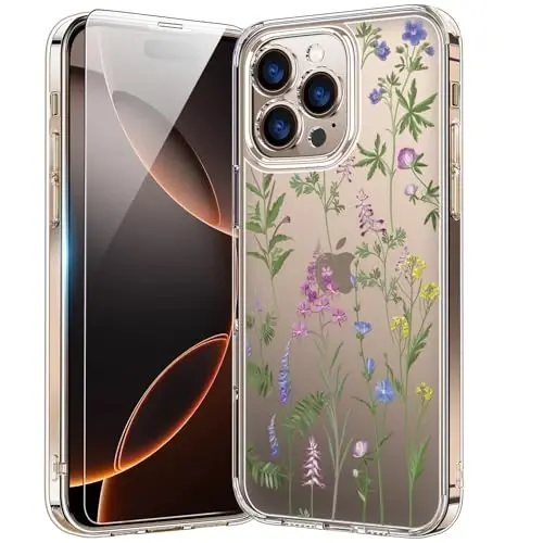 bicol for iPhone 16 Pro Case with Screen Protector, Enhanced Camera Protection, Crystal Acrylic Clear with Fashionable Designs for Girls Women, Slim Fit Protective Phone Cover, Little Flowers Leaves - BICOL