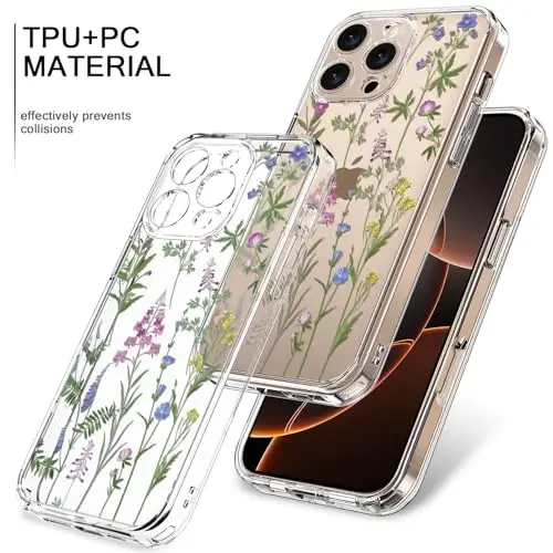 bicol for iPhone 16 Pro Case with Screen Protector, Enhanced Camera Protection, Crystal Acrylic Clear with Fashionable Designs for Girls Women, Slim Fit Protective Phone Cover, Little Flowers Leaves - 3