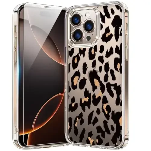 bicol for iPhone 16 Pro Case with Screen Protector, Enhanced Camera Protection, Crystal Acrylic Clear with Fashionable Designs for Girls Women, Slim Fit Protective Phone Cover, Cheetah Leopard Print 