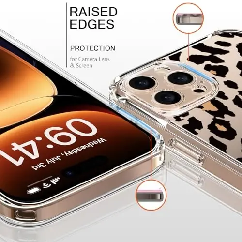 bicol for iPhone 16 Pro Case with Screen Protector, Enhanced Camera Protection, Crystal Acrylic Clear with Fashionable Designs for Girls Women, Slim Fit Protective Phone Cover, Cheetah Leopard Print - BICOL (1)