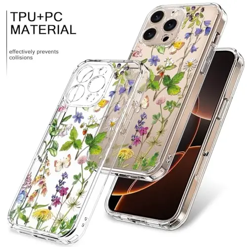 bicol for iPhone 16 Pro Case with Screen Protector, Enhanced Camera Protection, Crystal Acrylic Clear with Fashionable Designs for Girls Women, Slim Fit Protective Phone Cover, Butterfly Flowers - 3