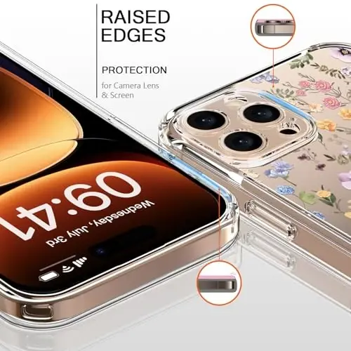 iPhone 16 Pro için Ekran Koruyuculu Bicol Kılıfı, Gelişmiş Kamera Koruması, Kızlar Kadınlar için Modaya Uygun Tasarımlı Kristal Akrilik Şeffaf, İnce Fit Koruyucu Telefon Kılıfı, Açan Kır Çiçeği - BICOL (1)