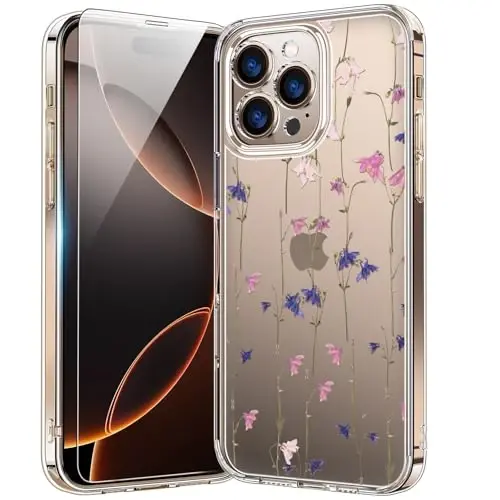 bicol for iPhone 16 Pro Case with Screen Protector, Enhanced Camera Protection, Crystal Acrylic Clear with Fashionable Designs for Girls Women, Slim Fit Protective Phone Cover, Elegant Florals 