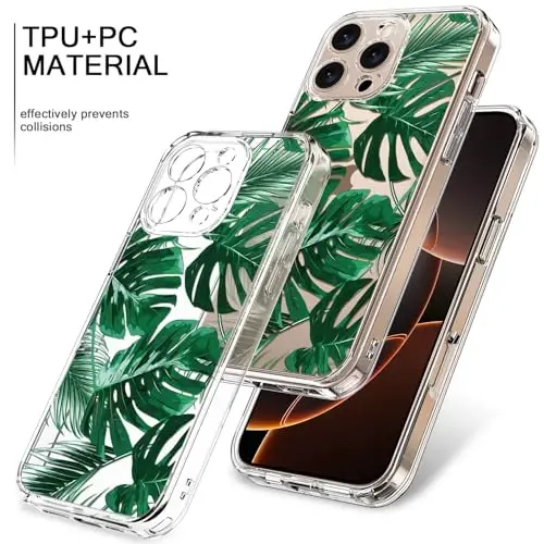 bicol for iPhone 16 Pro Case with Screen Protector, Enhanced Camera Protection, Crystal Acrylic Clear with Fashionable Pattern Designs for Girls Women, Slim Fit Protective Phone Cover, Green Leaves - 3