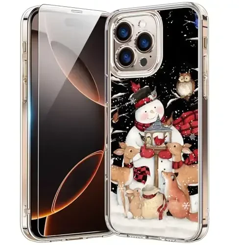 bicol Christmas Phone Case for iPhone 16 Pro with Screen Protector, Enhanced Camera Protection - Wireless Charging - Slim Shockproof Protective Acrylic Clear Cover for Women Girls - Snowman with Deer - 1
