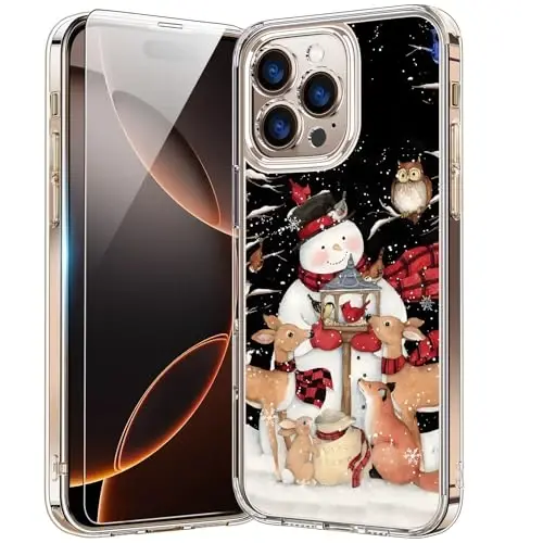 bicol Christmas Phone Case for iPhone 16 Pro with Screen Protector, Enhanced Camera Protection - Wireless Charging - Slim Shockproof Protective Acrylic Clear Cover for Women Girls - Snowman with Deer 