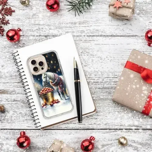 bicol Christmas Phone Case for iPhone 16 Pro with Screen Protector, Enhanced Camera Protection - Wireless Charging - Slim Shockproof Protective Acrylic Clear Cover for Women Girls - Christmas Horse - 6