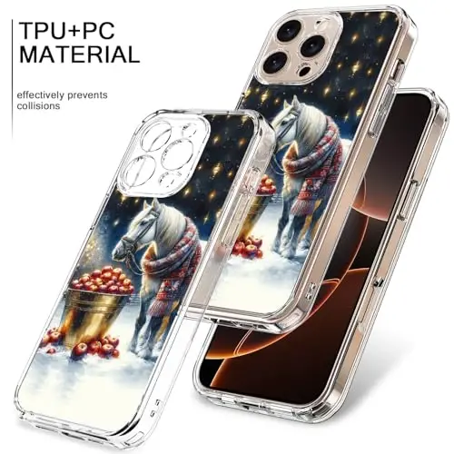 bicol Christmas Phone Case for iPhone 16 Pro with Screen Protector, Enhanced Camera Protection - Wireless Charging - Slim Shockproof Protective Acrylic Clear Cover for Women Girls - Christmas Horse - 3
