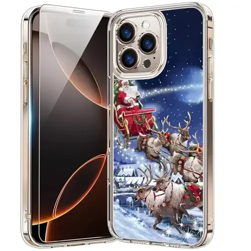 bicol Christmas Phone Case for iPhone 16 Pro with Screen Protector, Enhanced Camera Protection - Wireless Charging - Slim Shockproof Protective Acrylic Clear Cover for Women Girls - Santa Sleigh - BICOL