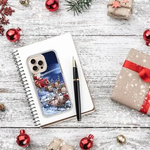 bicol Christmas Phone Case for iPhone 16 Pro with Screen Protector, Enhanced Camera Protection - Wireless Charging - Slim Shockproof Protective Acrylic Clear Cover for Women Girls - Santa Sleigh - 6