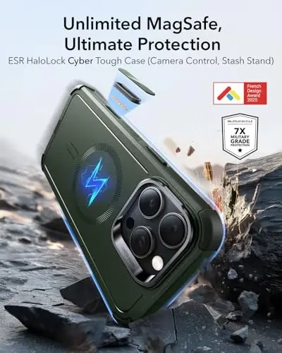 ESR for iPhone 16 Pro Case with Stash Stand, Camera Control, 23FT Military-Grade Shock-Absorbing Drop Protection, Compatible with MagSafe Accessories, Magnetic Cyber Series, Green - ESR (1)