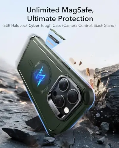 ESR for iPhone 16 Pro Case with Stash Stand, Camera Control, 23FT Military-Grade Shock-Absorbing Drop Protection, Compatible with MagSafe Accessories, Magnetic Cyber Series, Green - 2