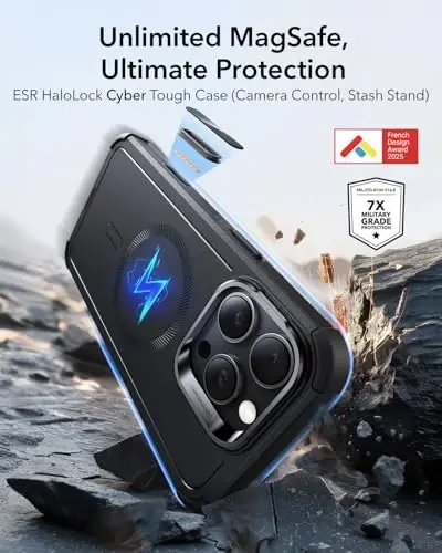 ESR for iPhone 16 Pro Case with Stash Stand, Camera Control, 23FT Military-Grade Shock-Absorbing Drop Protection, Compatible with MagSafe Accessories, Magnetic Cyber Series, Black - ESR