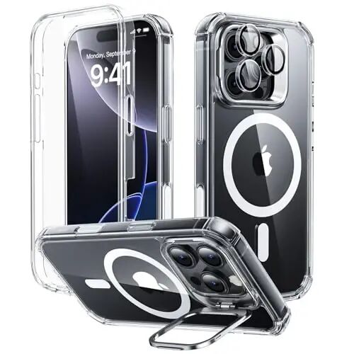 iPhone 16 Pro için ESR Kılıfı, Standlı, MagSafe ile Uyumlu Kamera Kontrol Düğmesi, Dahili 9H+ Temperli Cam Ekran Koruyuculu Tam Gövde Askeri Sınıf Düşmeye Dayanıklı Kılıf, Şeffaf 