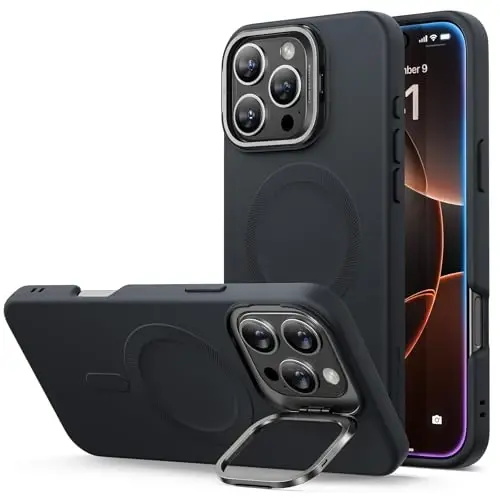 ESR for iPhone 16 Pro Case, Silicone Case with Stand, Compatible with MagSafe, Military-Grade Protection, Built-in Camera Stash Stand, Magnetic Phone Case for iPhone 16 Pro, Cloud Series, Black - 1