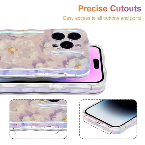 EYZUTAK Case for iPhone 16 Pro, Colorful Retro Oil Painting Flower Laser Glossy Pattern Cute Curly Wave Edge Exquisite Phone Cover Stylish Durable TPU Protective Case for Girl Women - Light Purple - 5