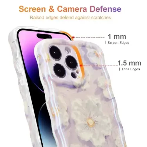 EYZUTAK Case for iPhone 16 Pro, Colorful Retro Oil Painting Flower Laser Glossy Pattern Cute Curly Wave Edge Exquisite Phone Cover Stylish Durable TPU Protective Case for Girl Women - Light Purple - 4