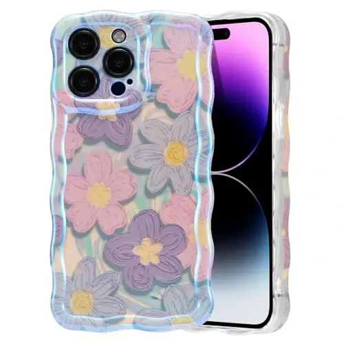 EYZUTAK Case for iPhone 16 Pro, Colorful Retro Oil Painting Flower Laser Glossy Pattern Cute Curly Wave Edge Exquisite Phone Cover Stylish Durable TPU Protective Case for Girls Women - Pink Purple 