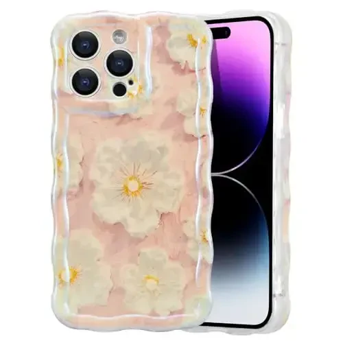 EYZUTAK Case for iPhone 16 Pro, Colorful Retro Oil Painting Flower Laser Glossy Pattern Cute Curly Wave Edge Exquisite Phone Cover Stylish Durable TPU Protective Case for Girl Women - Light Pink - 1