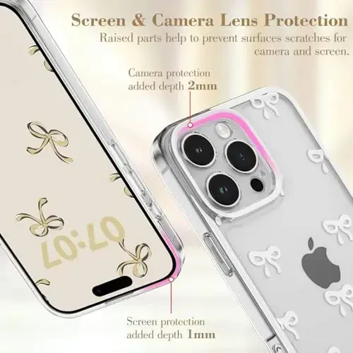 EYZUTAK Case for iPhone 16 Pro, Clear Cute Ribbon Bowknot Pattern Aesthetic Transparent Phone Case Raised Camera Protection Stylish Slim Soft Durable TPU Protective Cover for Women Girls - White - 8