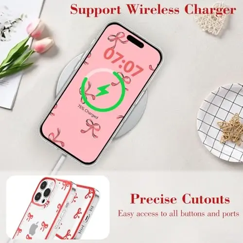 EYZUTAK Case for iPhone 16 Pro, Clear Cute Ribbon Bowknot Pattern Aesthetic Transparent Phone Case Raised Camera Protection Stylish Slim Soft Durable TPU Protective Cover for Women Girls - Red - 5