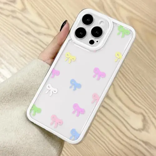 EYZUTAK Case for iPhone 16 Pro, Clear Cute Ribbon Bowknot Pattern Aesthetic Transparent Phone Case Raised Camera Protection Stylish Slim Soft Durable TPU Protective Cover for Women Girls - Colorful - 1