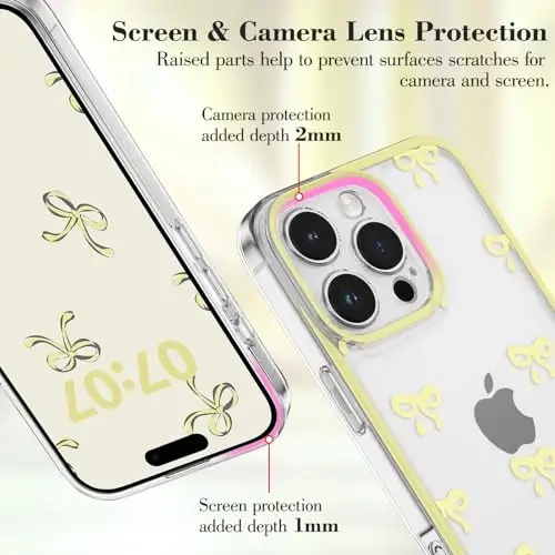 EYZUTAK Case for iPhone 16 Pro, Clear Cute Ribbon Bowknot Pattern Aesthetic Transparent Phone Case Raised Camera Protection Stylish Slim Soft Durable TPU Protective Cover for Women Girls - Yellow - 2