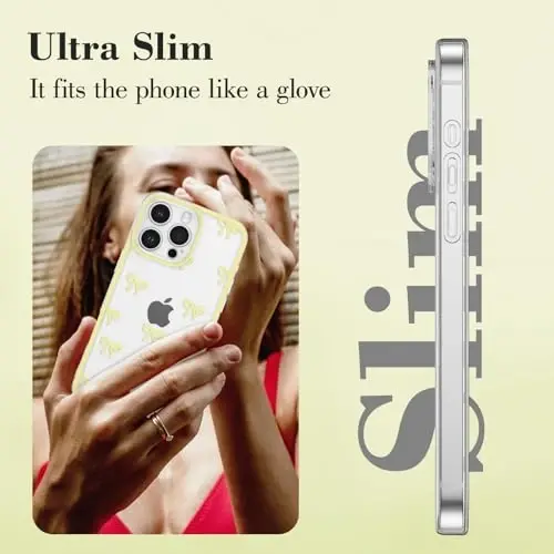 EYZUTAK Case for iPhone 16 Pro, Clear Cute Ribbon Bowknot Pattern Aesthetic Transparent Phone Case Raised Camera Protection Stylish Slim Soft Durable TPU Protective Cover for Women Girls - Yellow - 4