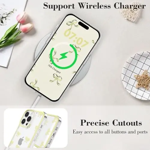 EYZUTAK Case for iPhone 16 Pro, Clear Cute Ribbon Bowknot Pattern Aesthetic Transparent Phone Case Raised Camera Protection Stylish Slim Soft Durable TPU Protective Cover for Women Girls - Yellow - 5
