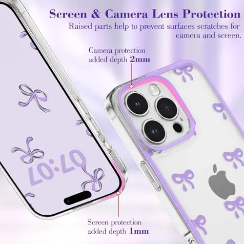 EYZUTAK Case for iPhone 16 Pro, Clear Cute Ribbon Bowknot Pattern Aesthetic Transparent Phone Case Raised Camera Protection Stylish Slim Soft Durable TPU Protective Cover for Women Girls - Purple - 2