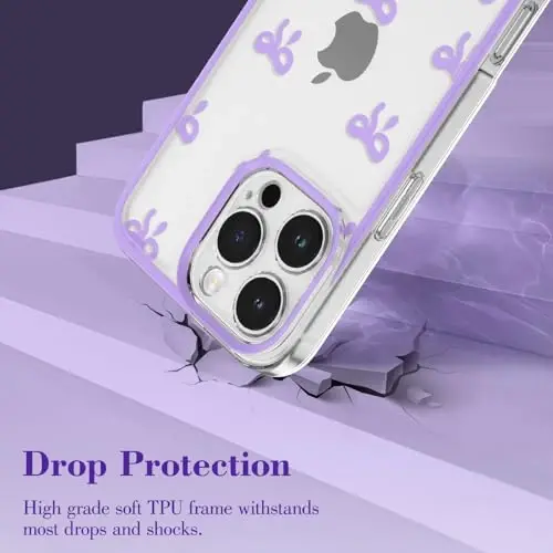 EYZUTAK Case for iPhone 16 Pro, Clear Cute Ribbon Bowknot Pattern Aesthetic Transparent Phone Case Raised Camera Protection Stylish Slim Soft Durable TPU Protective Cover for Women Girls - Purple - 10