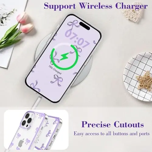 EYZUTAK Case for iPhone 16 Pro, Clear Cute Ribbon Bowknot Pattern Aesthetic Transparent Phone Case Raised Camera Protection Stylish Slim Soft Durable TPU Protective Cover for Women Girls - Purple - 5