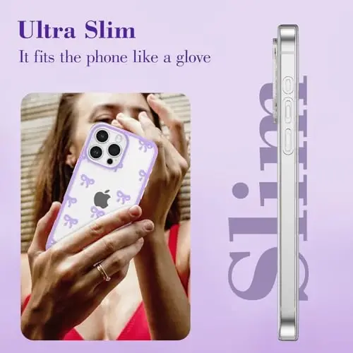 EYZUTAK Case for iPhone 16 Pro, Clear Cute Ribbon Bowknot Pattern Aesthetic Transparent Phone Case Raised Camera Protection Stylish Slim Soft Durable TPU Protective Cover for Women Girls - Purple - 4